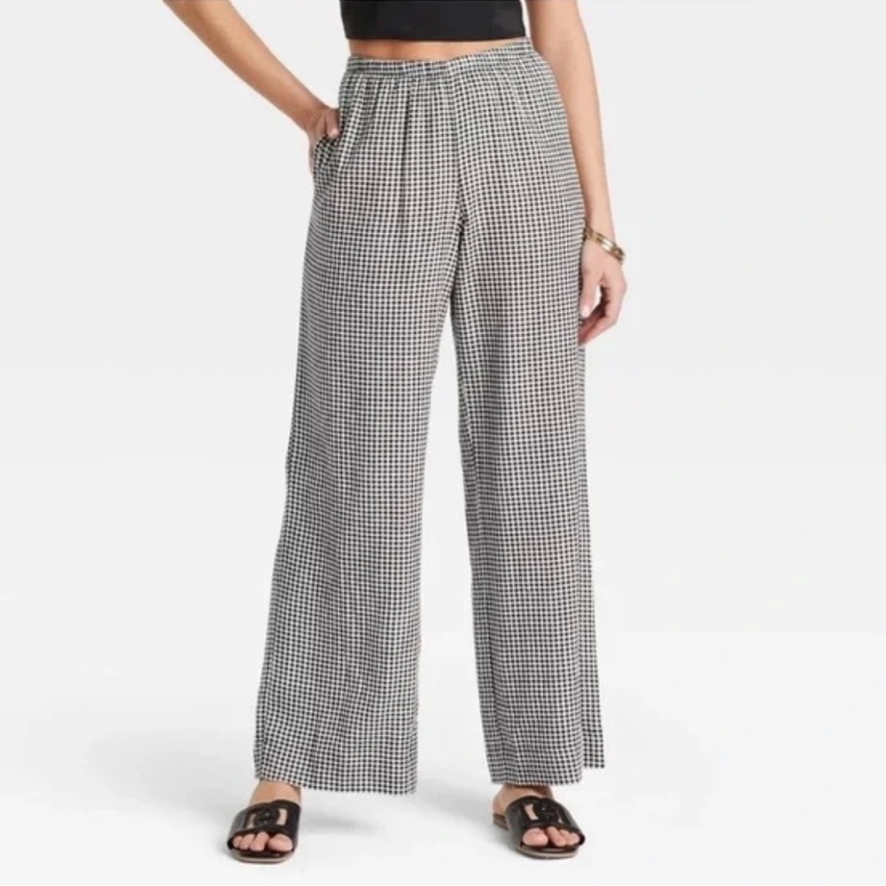 A New Day Women's Wide Leg Linen Blend Pull-On Pants Black & White Gingham